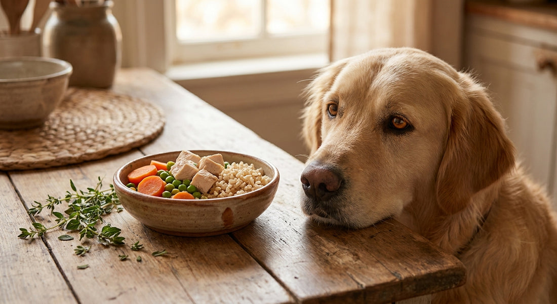 A golden retriever resting its head near a ceramic bowl surrounded by fresh, natural dog food ingredients in a warm, cozy kitchen setting.