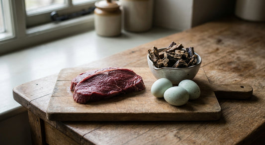 A close-up editorial flat lay of raw venison, duck eggs, and single-ingredient dog treats on a rustic wooden surface in soft natural light.